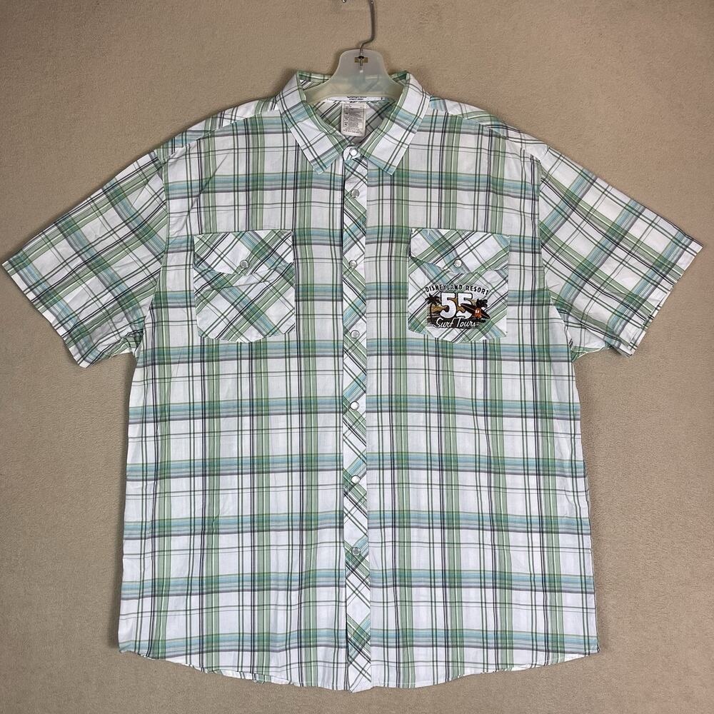 Disney Parks Shirt Mens XL Green Plaid Disneyland Resort Surf Tours Logo Snap Up